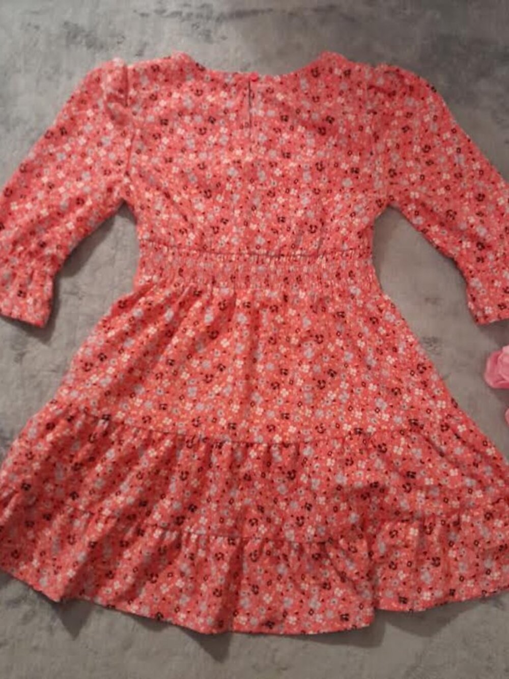 Girls’ Coral Pink Floral Ruffle Dress – Smocked Waist & Tiered Skirt